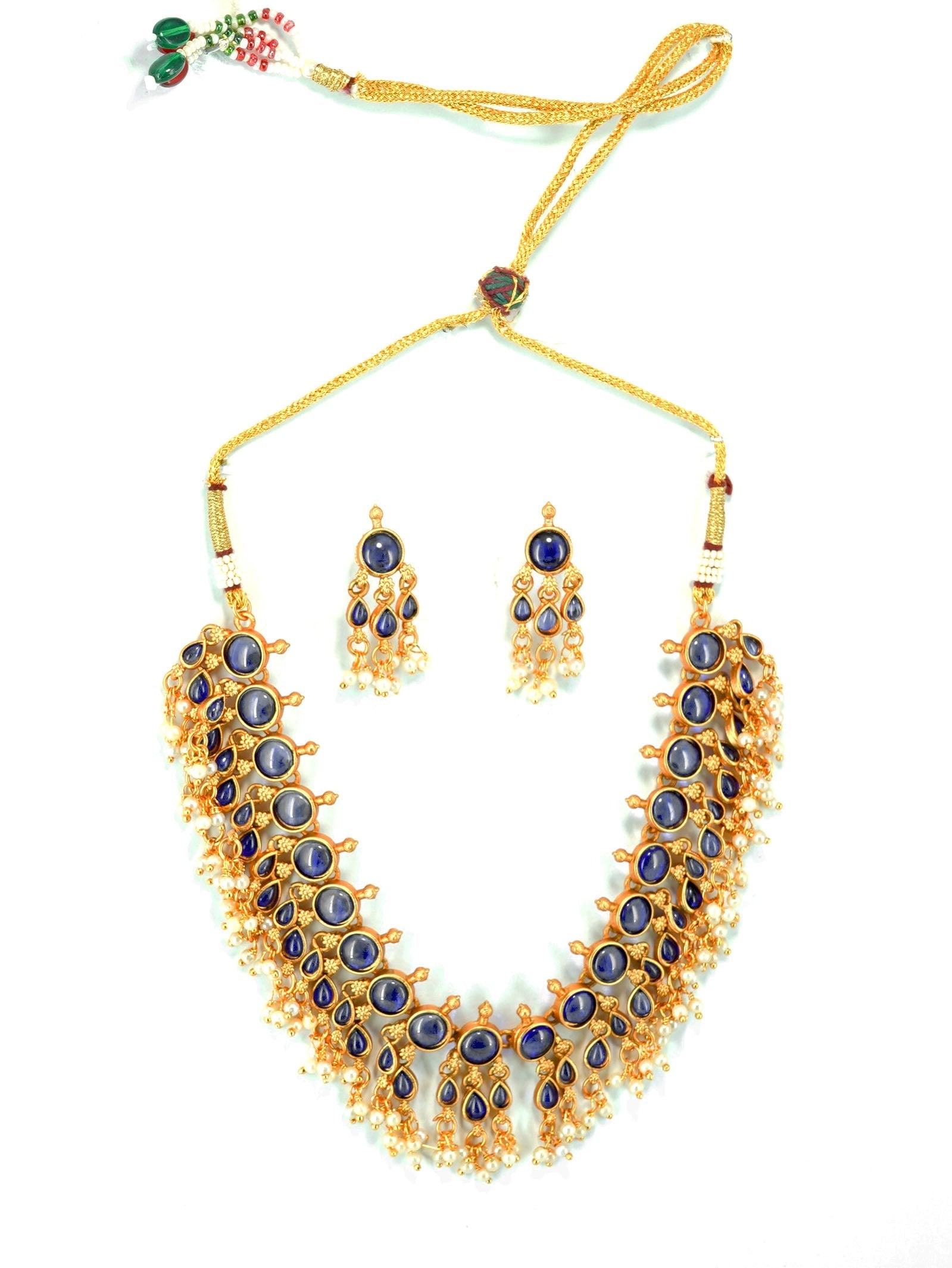 Gold Plated Pendant Necklace Set with White Pearls and Blue Bead -  Classiques - 4250445
